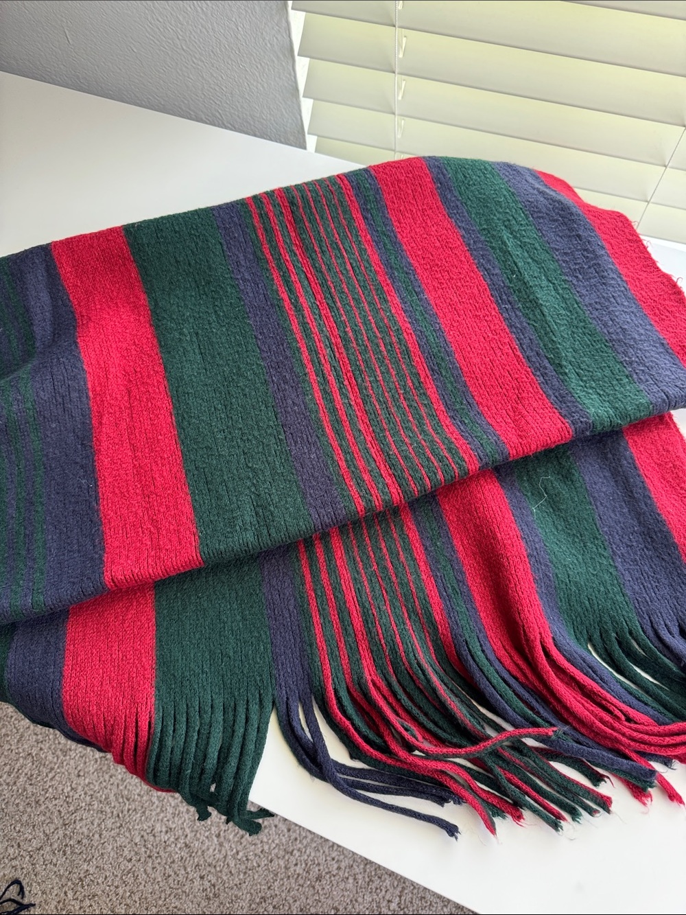 Striped Fringe Scarf in Red, Green & Navy